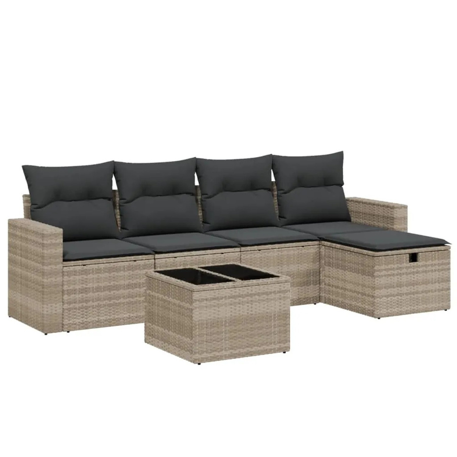 vidaXL 6-tlg Garten-Sofagarnitur in L-Form mit Polsterkissen und Couchtisch, Hellgrau - Bild 2