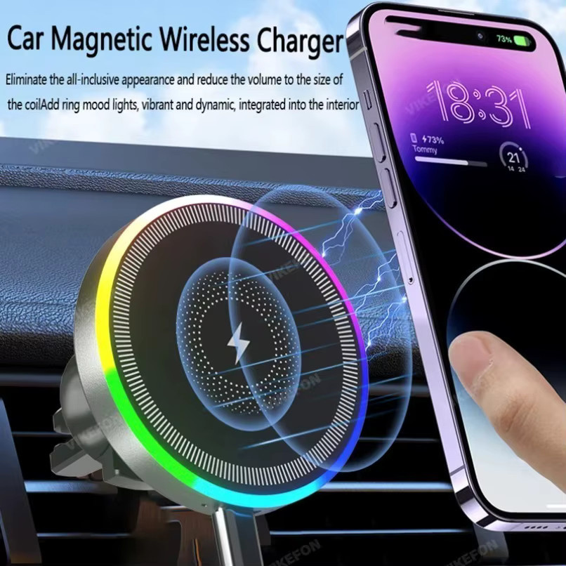 VIKEFON Magnetische Handyhalterung für die Auto-Lüftung mit RGB-Licht und kabellosem Ladegerät, Farbe: Weiß - Bild 2