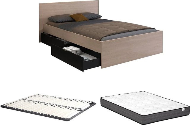 Velona Bettrahmen aus Massivholz mit Schubladen in Schwarz und Naturfarben Hell, B/T/H: 160 x 200 cm - Bild 1
