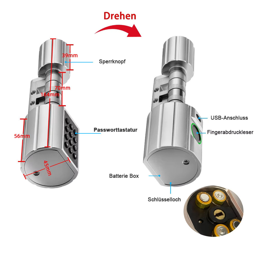 RAYKUBE L12 Tuya BLE Digitales Türschloss mit Fingerabdruck, Passwort und Schlüssel in Schwarz oder Silber, Zylinderlänge einstellbar: 60 mm oder 70 mm - Bild 2