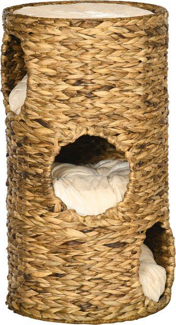 PawHut Kratztonne Katzenturm mit 3 Ebenen und Kissen aus Wasserhyazinthe und Stahl, hellbraun, Höhe: 73 cm - Bild 1