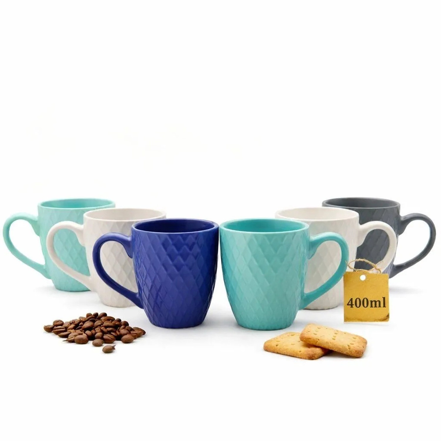 BigDean 6er Set Kaffeebecher aus Steingut mit Waffeldesign, Mehrfarbig, 400 ml pro Tasse - Bild 2