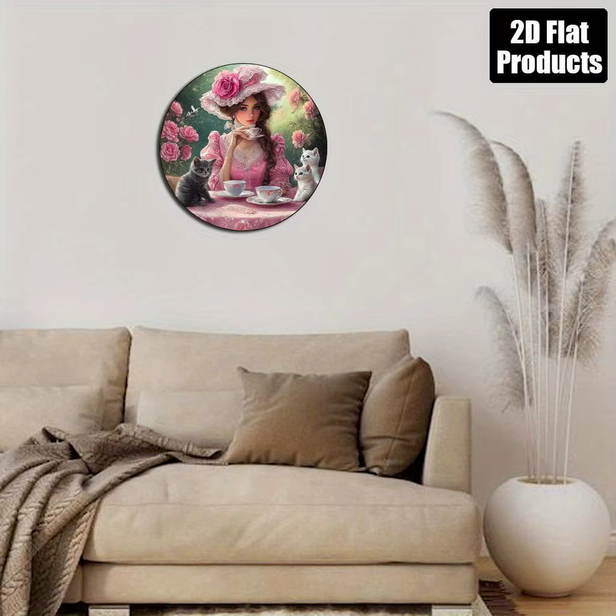 Potdemiel Wandkunst-Dekor im viktorianischen Stil, rundes Aluminiumschild mit Dame in Rosa, Katzen und Blumen, Farbe: Pink/Mehrfarbig, Durchmesser: 20,3 cm - Bild 5