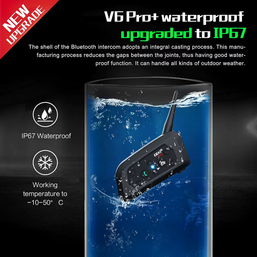EJEAS V6 PRO Bluetooth Motorradhelm Intercom Headset in Schwarz mit 800 m Reichweite für 6 Fahrer, wasserdicht und MP3-fähig - Bild 3