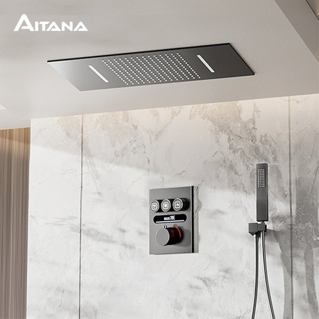 Aitana Duschsystem aus Messing in Mattschwarz mit LED-Digitalanzeige und Thermostat für die Wandmontage - Bild 1