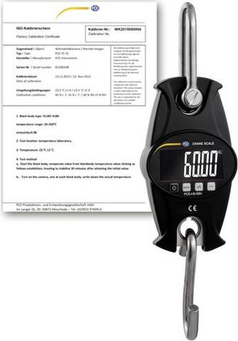 PCE Instruments PCE-HS 60N-ICA Kranwaage in Schwarz mit Schäkel und Haken, Wägebereich bis max. 60 kg, Genauigkeit ±1% v. Mb. und LCD-Display - Bild 1