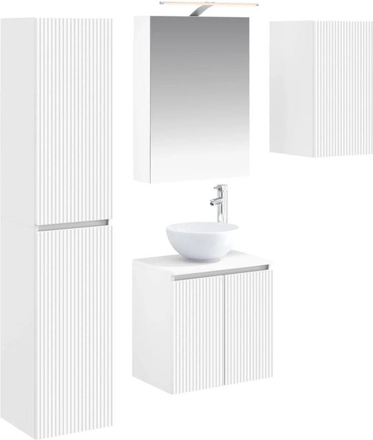 vidaXL Badezimmerschrank-Set in Weiß, 5-teiliges modernes Set mit Waschtischunterschrank, Spiegelschrank mit LED-Beleuchtung, Wand- und Hochschrank, B/T/H: 50 x 14,5 x 70 cm - Bild 1