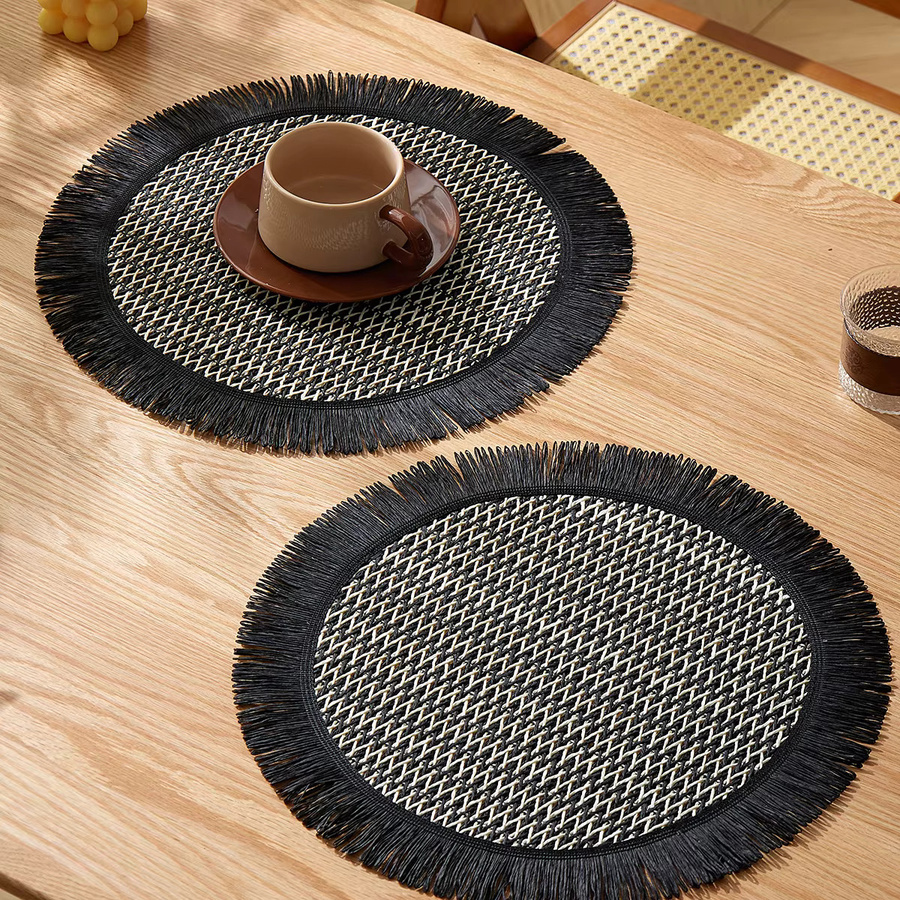 4er-Set Tabletex Tischsets aus gewebtem Papier im Boho-Design, rund, Beige und Schwarz, Durchmesser: 38 cm - Bild 3