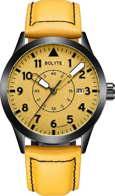 Bolyte Armbanduhr Automatik, Leder, gelbes Zifferblatt, Datum, Herren - Bild 1