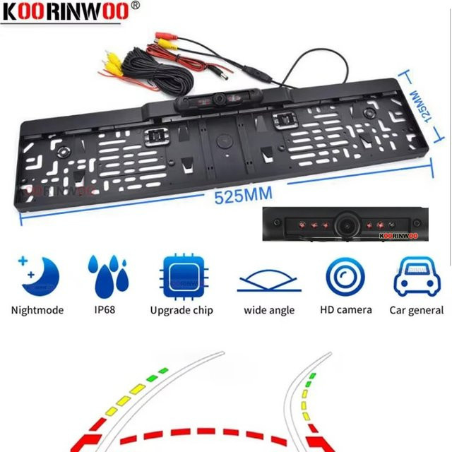 Koorinwoo Cars Nummernschildrahmen mit intelligenter dynamischer Flugbahnschiene und Rückfahrkamera inklusive Nachtsicht in Schwarz - Bild 1