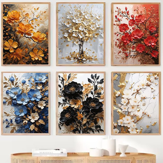 Modernes Leinwand Poster Golden Blossom Tree mit orangefarbenen und rosa Blumen als florale Wandkunst für dein Wohnzimmer - Bild 1