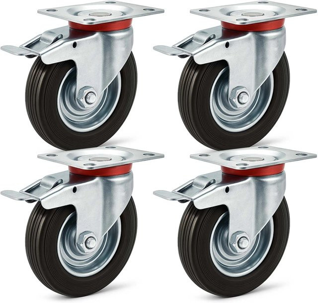 Wiltec Doppelstopp-Lenkrollen Set mit 4 schwarzen Vollgummirädern, Durchmesser: 100 mm, Tragkraft pro Rolle: 70 kg - Bild 1