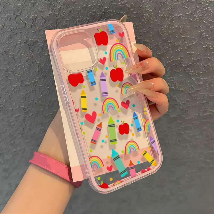 Transparente Zwei-in-Eins Handyhülle mit Regenbogen-Stiftmuster und rosa Rand für Apple iPhone 16 15 14 13 12 11 Pro Max Plus Serie, Multicolour - Bild 4