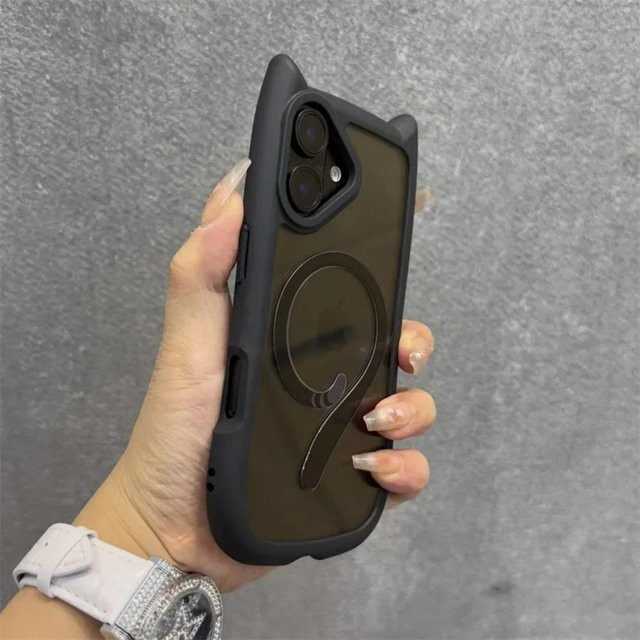 MagSafe Handyhülle mit Katzenohren und Handgelenkband für Apple iPhone 11 bis 17 Pro Max, transparent aus PC und TPU - Bild 1
