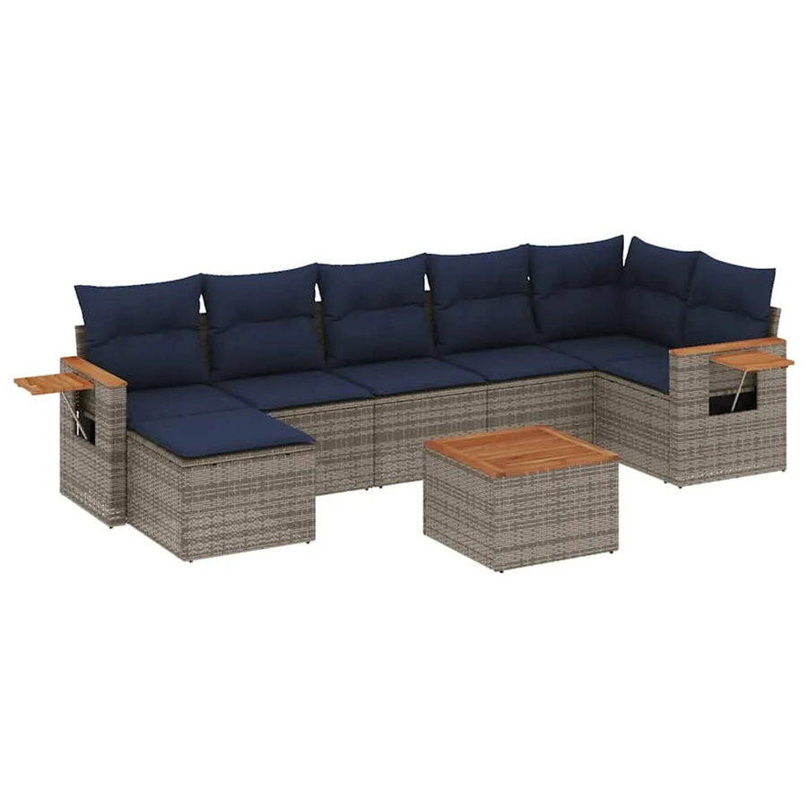 vidaXL 8-teilige Garten-Sofagarnitur in L-Form aus grauem Poly-Rattan mit Kissen und Akazienholz - Bild 2
