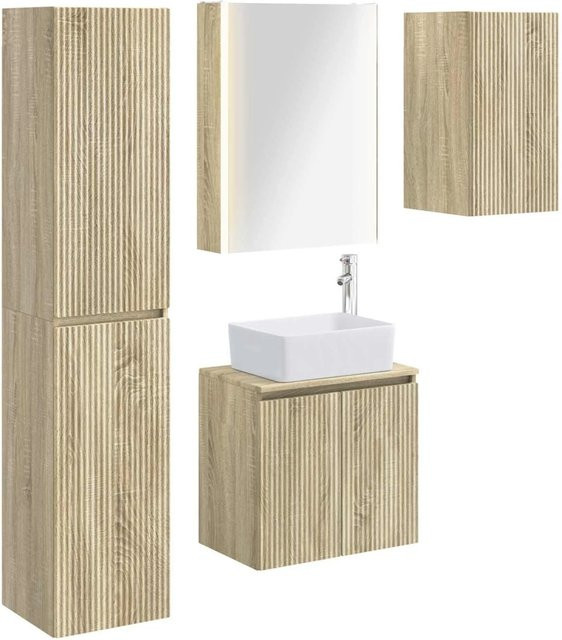 vidaXL Badezimmerschrank-Set 5-teilig in Sonoma-Eiche, modern mit LED-Beleuchtung und Spiegelschrank, B/T/H: 53 x 15,5 x 70 cm - Bild 1