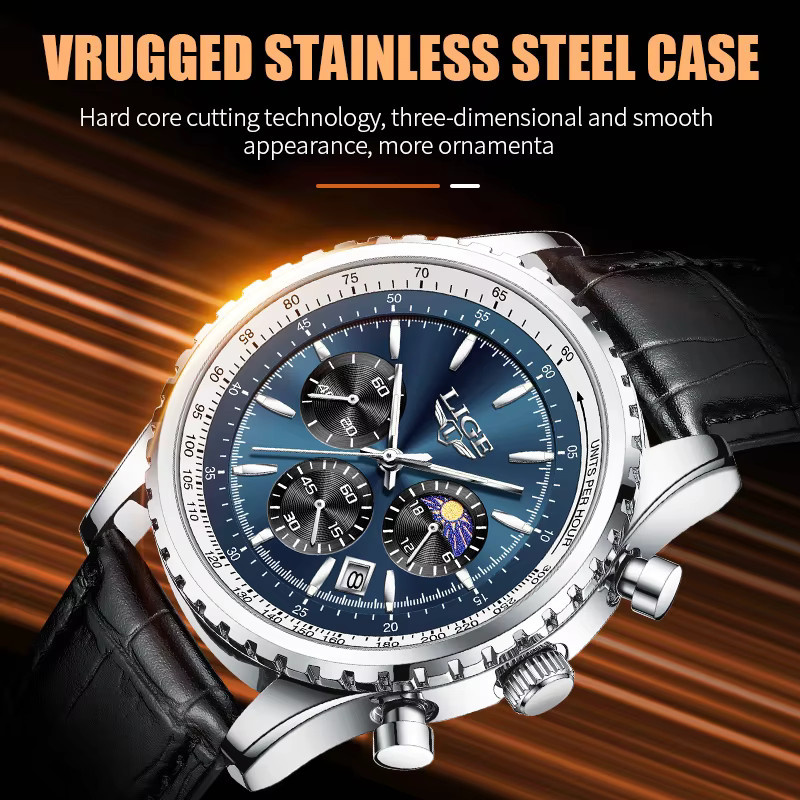 LIGE Armbanduhr, Quarz, Leder, Edelstahl, Blau, Herren - Bild 6