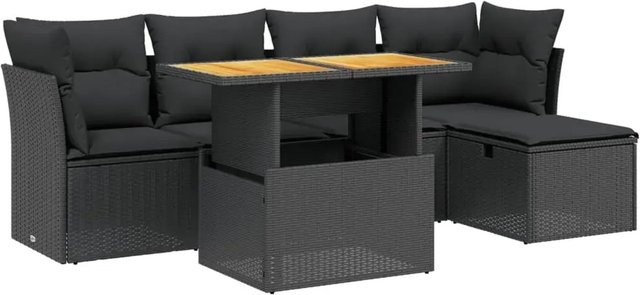vidaXL 6-teilige Garten-Sofagarnitur aus Poly-Rattan und Akazienholz in Schwarz mit Kissen - Bild 1