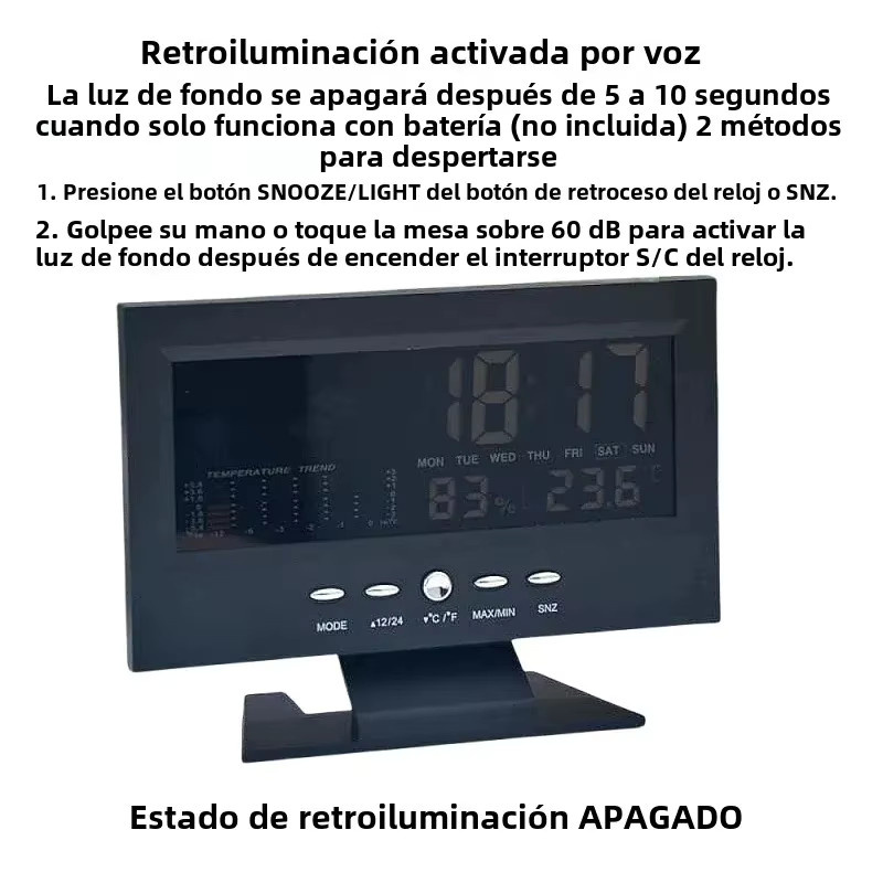 NOCCLILI Digitaler elektronischer Wecker mit Wetterstation und Sprachsteuerung in Schwarz mit Temperatur- und Luftfeuchtigkeitsanzeige - Bild 3