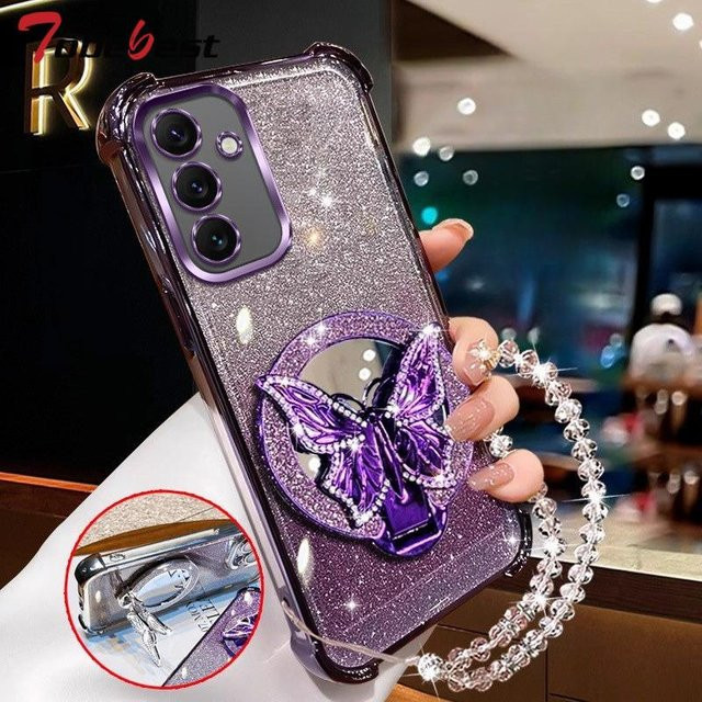 Kristall Schmetterling Handyhülle mit Spiegel und Armband für Samsung Galaxy A-Serie (A05 bis A56) in Transparent-Lila - Bild 1