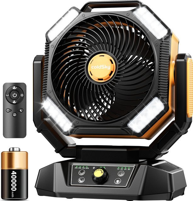 coldSky Camping-Ventilator mit 40000 mAh Akku, batteriebetriebener Tischventilator mit 4 LED-Lichtern, 8 Geschwindigkeiten und Fernbedienung, tragbar und wiederaufladbar, Gelb/Schwarz - Bild 1