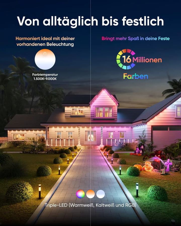 eufy Outdoor-Wegeleuchten E10 4er-Pack, intelligente kabelgebundene RGBWW-LED-Landschaftsleuchten in Schwarz, 350 lm, IP65 wasserdicht für Garten und Hof - Bild 2