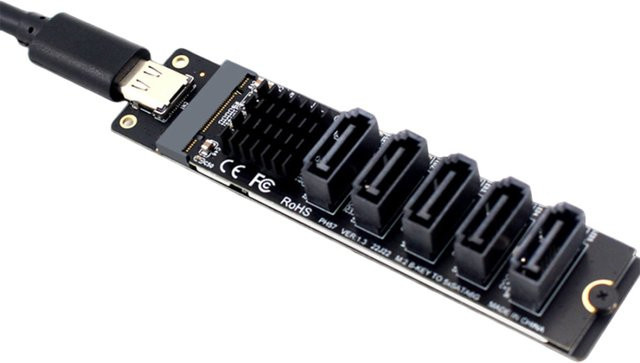VODOOL USB-C zu 5-Port SATA 3.0 Adapterkarte mit JM575+JMS580 Chip, 6Gbps Erweiterungskarte, Schwarz - Bild 1