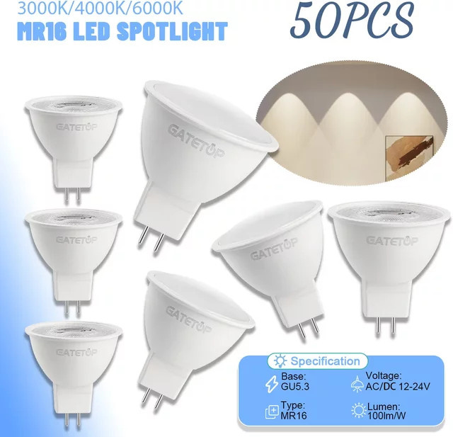 50er Set Gatetop LED Strahler MR16 GU5.3 3W Weiß 12V 24V AC DC Ersatz für 50W Halogenlampen - Bild 1