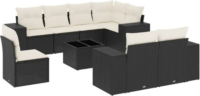vidaXL 9-tlg. Garten-Sofagarnitur in L-Form aus Poly-Rattan und pulverbeschichtetem Stahl mit Kissen in Schwarz-Creme - Bild 1