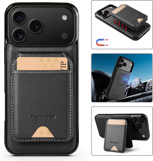 Luxus MagSafe Leder-Schutzhülle für iPhone 16 15 14 13 12 11 Pro Max mit Kartenfach in Schwarz - Bild 1