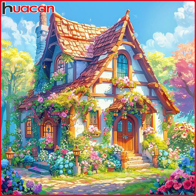 Huacan Diamantmalerei Set Frühling Landschaft mit Blumen und Haus, Rundbohrer, Mehrfarbig - Bild 1