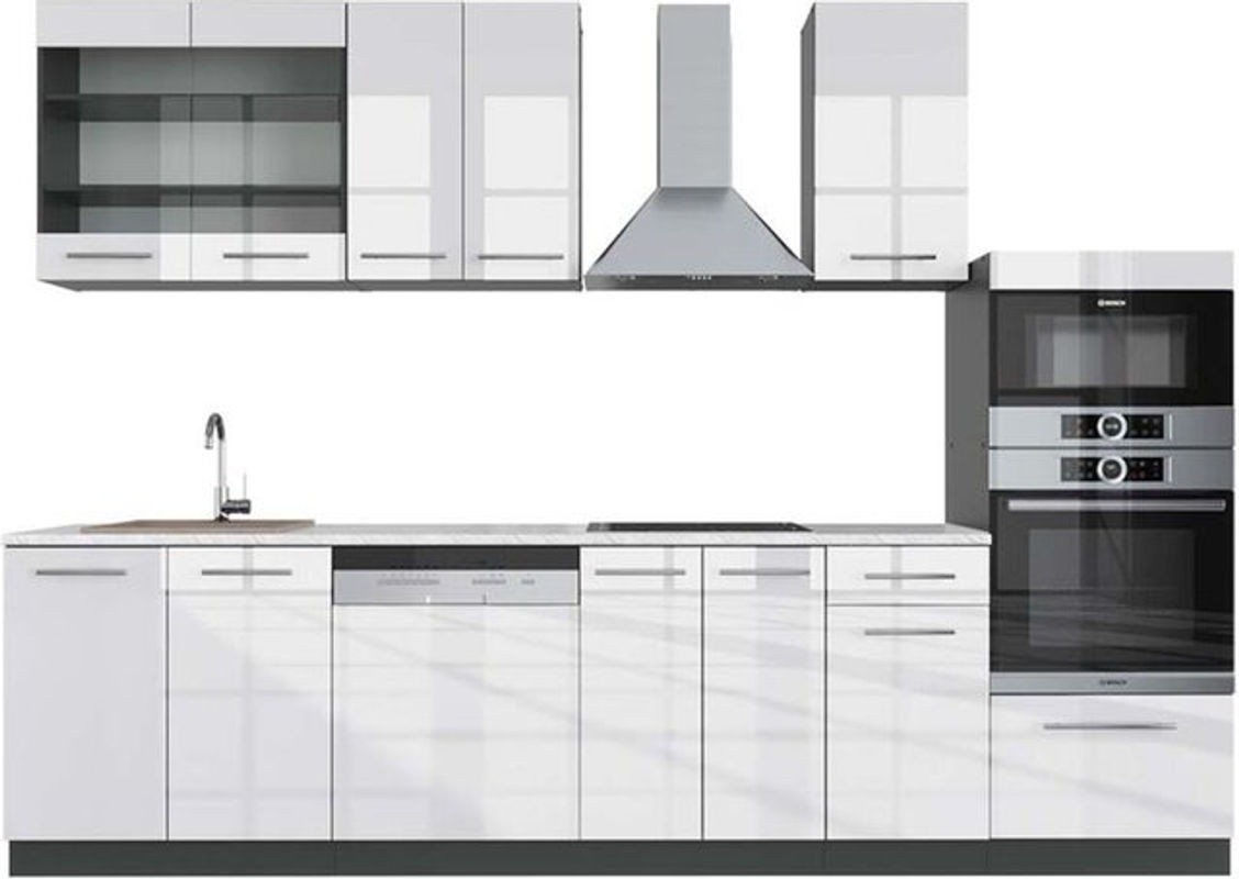 Küchenzeile Vicco Fame-Line in Weiß Hochglanz und Anthrazit mit Hochschrank und Marmor-Arbeitsplatte, Breite: 300 cm - Bild 1