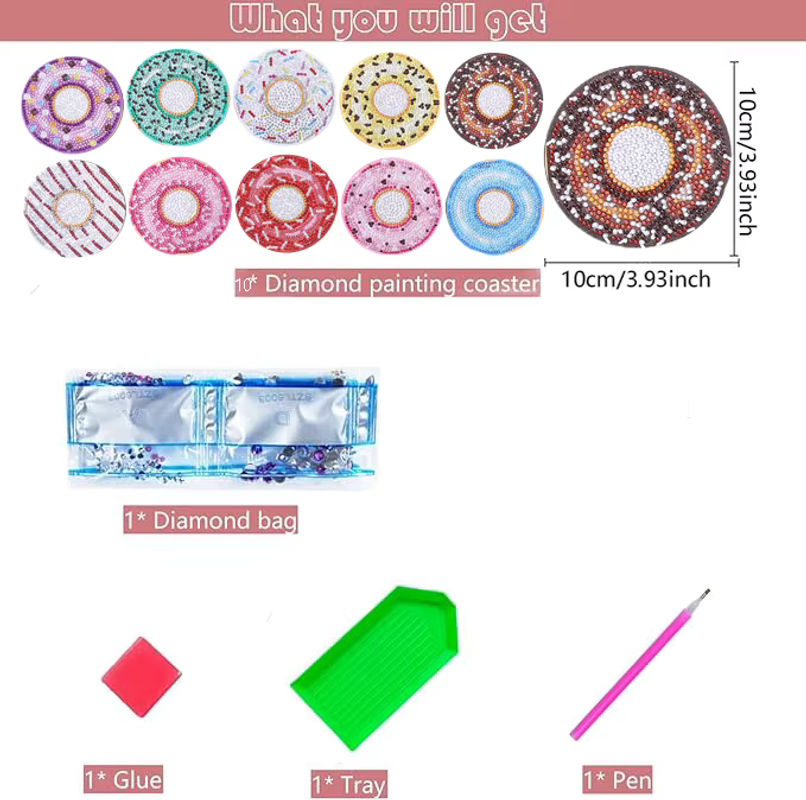 10-teiliges DIY-Diamant-Malerei-Kunstset mit Donut-Muster und Untersetzern in Mehrfarbig, Kristall-Strass-Mosaik aus Kunststoff - Bild 2