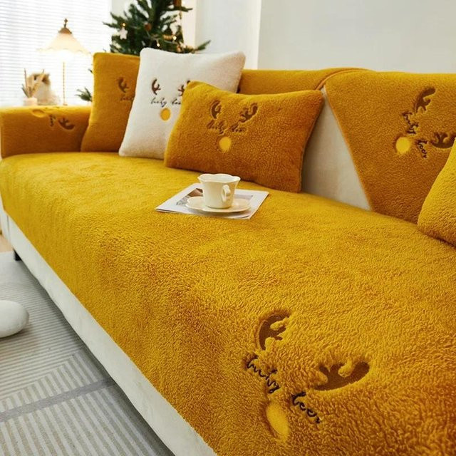 Weiches Plüsch Sofa Überwurf aus Kunstfell in Gelb, quadratisches Kissen für dein Wohnzimmer, B/B: 70 x 70 cm - Bild 1