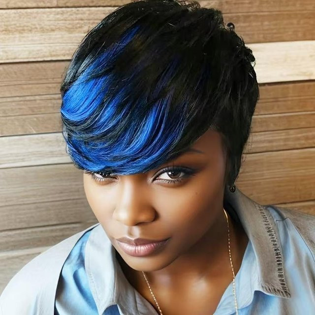 OYM HAIR Pixie-Perücke, blaues Ombre, Echthaar, 180 % Dichte, Damen - Bild 1
