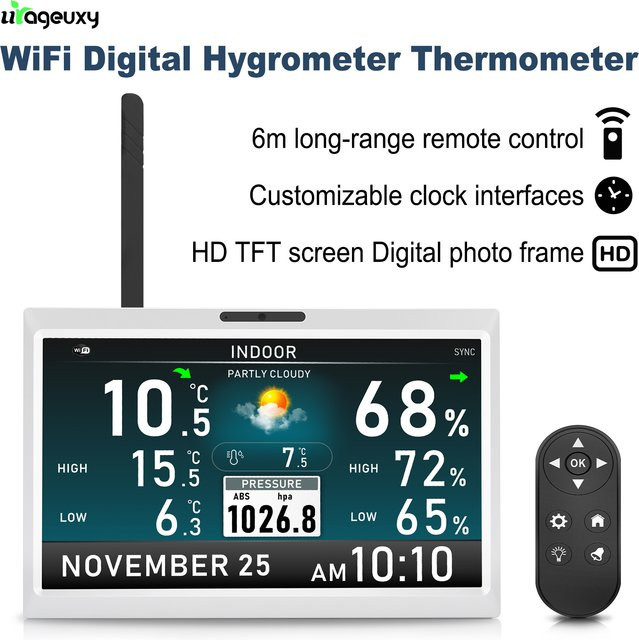 Urageuxy Digitales Thermometer Hygrometer mit 10,1 Zoll HD TFT-Bildschirm und Fotoalbum in Weiß - Bild 1