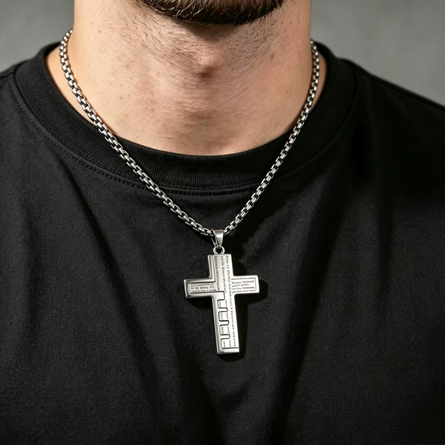 HNSP Halskette mit Bibelkreuz-Anhänger, Edelstahl, Silber, Herren - Bild 2