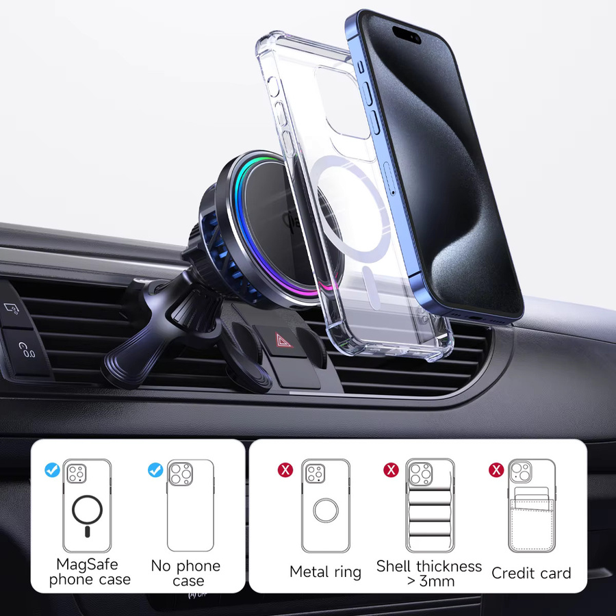 HaaYot Magnetisches kabelloses Autoladegerät mit QI2 Eiskühlung und RGB-Schnellladefunktion für MagSafe iPhone, Schwarz - Bild 4