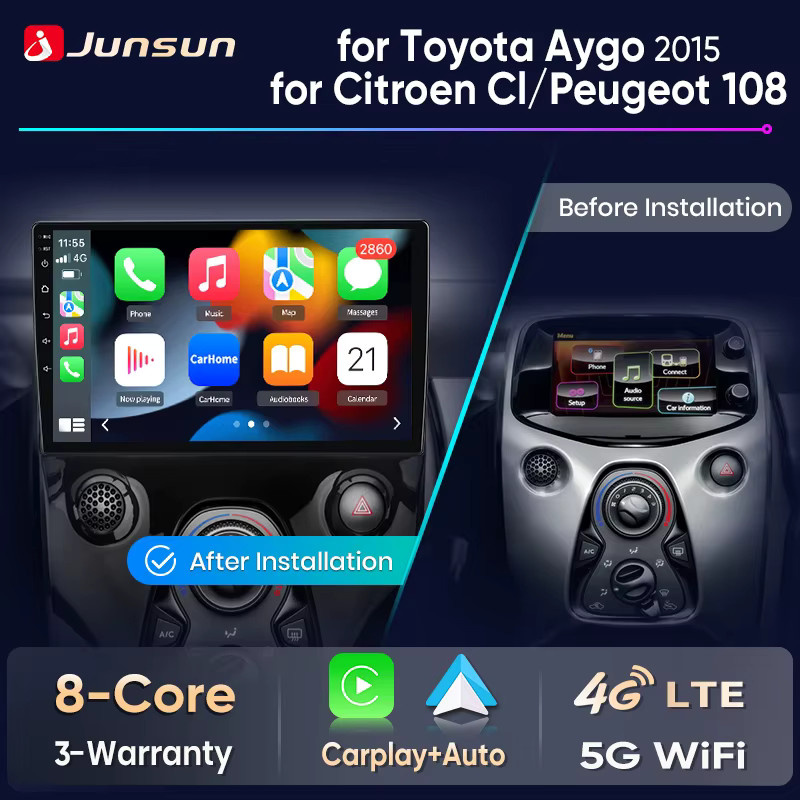 Junsun Android Auto Multimedia Radio mit GPS und drahtlosem CarPlay für Toyota Aygo 2015, Citroen C1 und Peugeot 108, Schwarz, 10.0 Zoll - Bild 2