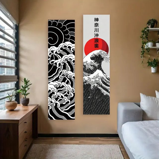 VIKAMA Japanischer Ukiyo-e Wellen Wandteppich als vertikale Wanddekoration, B: 30 cm, H: 130 cm - Bild 1