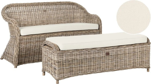 Beliani Gartensofa SUSUA 2.5 Sitzer in Cremeweiß mit Polyrattan und Sitzkissen, B/T/H: 150 x 69 x 87 cm - Bild 1