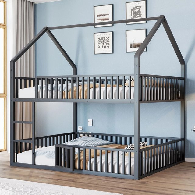 Merax Etagenbett aus Metall in Schwarz für Kinderzimmer mit Treppe, B/T/H: 201,5 x 140 x 145 cm - Bild 1