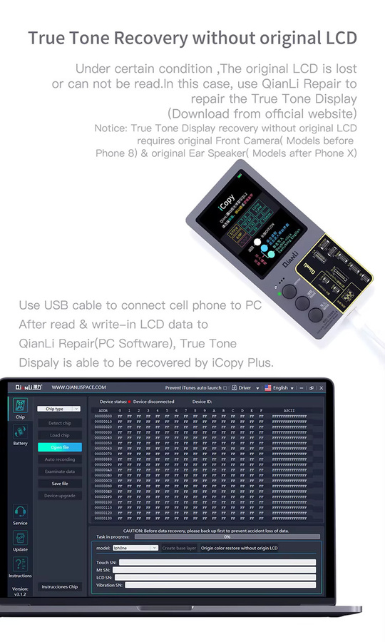 Qianli iCopy Plus 2.3v Programmiergerät für LCD True Tone EEPROM und Batterietestplatine für iPhone 7 bis 12 Pro Max - Bild 3