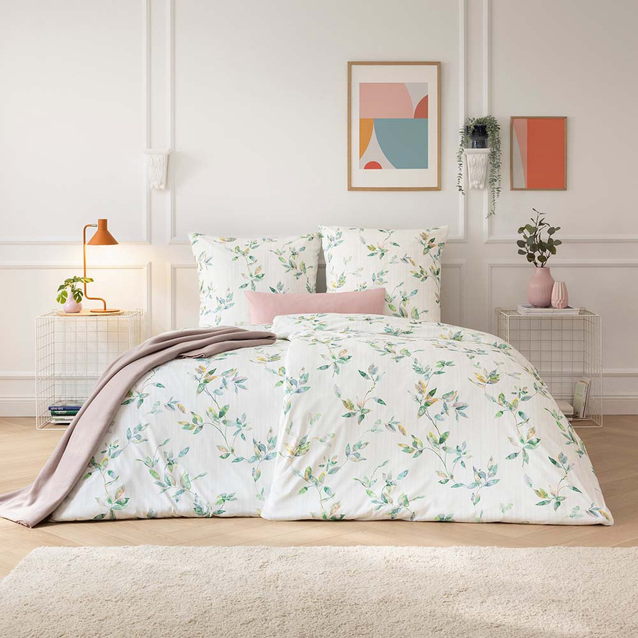 Estella Mako Jersey Bettwäsche Thalia Grün Blätterranke und Streifen, Set aus Bettbezug und Kissenbezug, B/H: 135 x 200 cm, Kissen: 80 x 80 cm - Bild 1