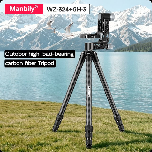 Manbily WZ-324+GH-3 Professionelles Kohlefaser-Stativ für Vogelbeobachtung und Outdoor-Fotografie, Schwarz, Höhe: 170 cm, Maximale Belastbarkeit: 25 kg - Bild 1