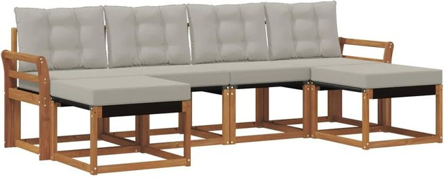 vidaXL Outdoor-Sofagarnitur 6-teilig aus Akazienholz mit Textilene und Kissen in Natur und Hellgrau - Bild 1