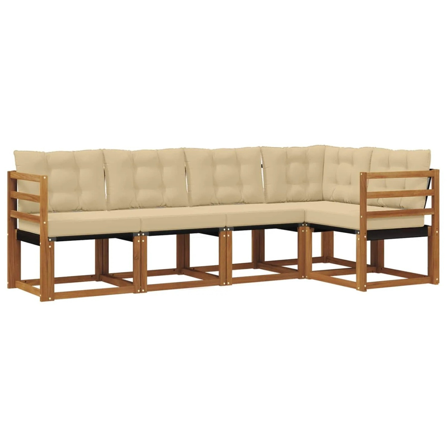 vidaXL Outdoor-Sofagarnitur 5-tlg. L-Form aus massivem Akazienholz mit Textilene und Kissen in Natur und Beige - Bild 2