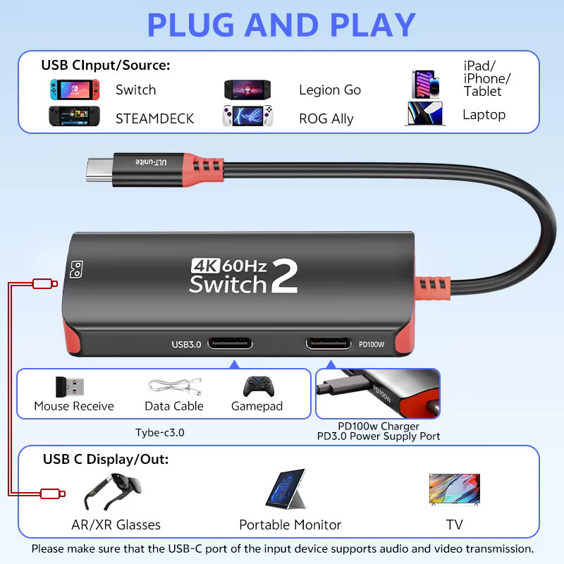 ULT-unite USB-C Hub Dockingstation in Schwarz für Nintendo Switch 2 und OLED, 4K60Hz Adapter mit 10Gbps Datenübertragung und 100W Power Delivery für Steam Deck und Laptop - Bild 6