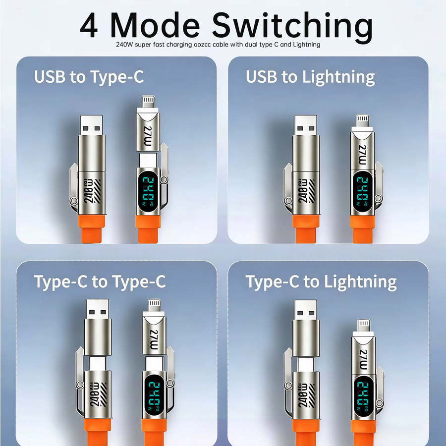 Setolgh 4-in-1 Spiralkabel mit LCD Dynamischem Display und 240W Schnellladefunktion, einziehbares USB-C Autokabel in Orange für iPhone und Samsung Galaxy, Farbe: Orange - Bild 2