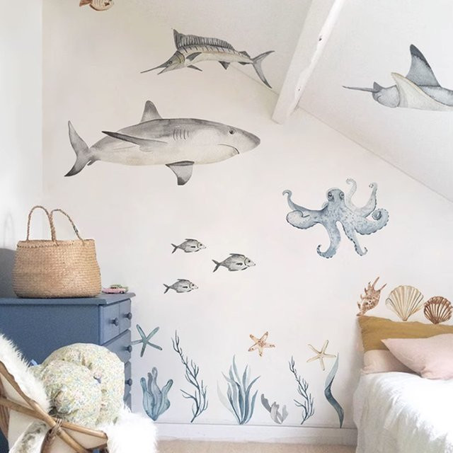 Aquarell Haie Wandtattoos mit Meeresleben Motiv für die Kinderzimmer Dekoration in Mehrfarbig - Bild 1